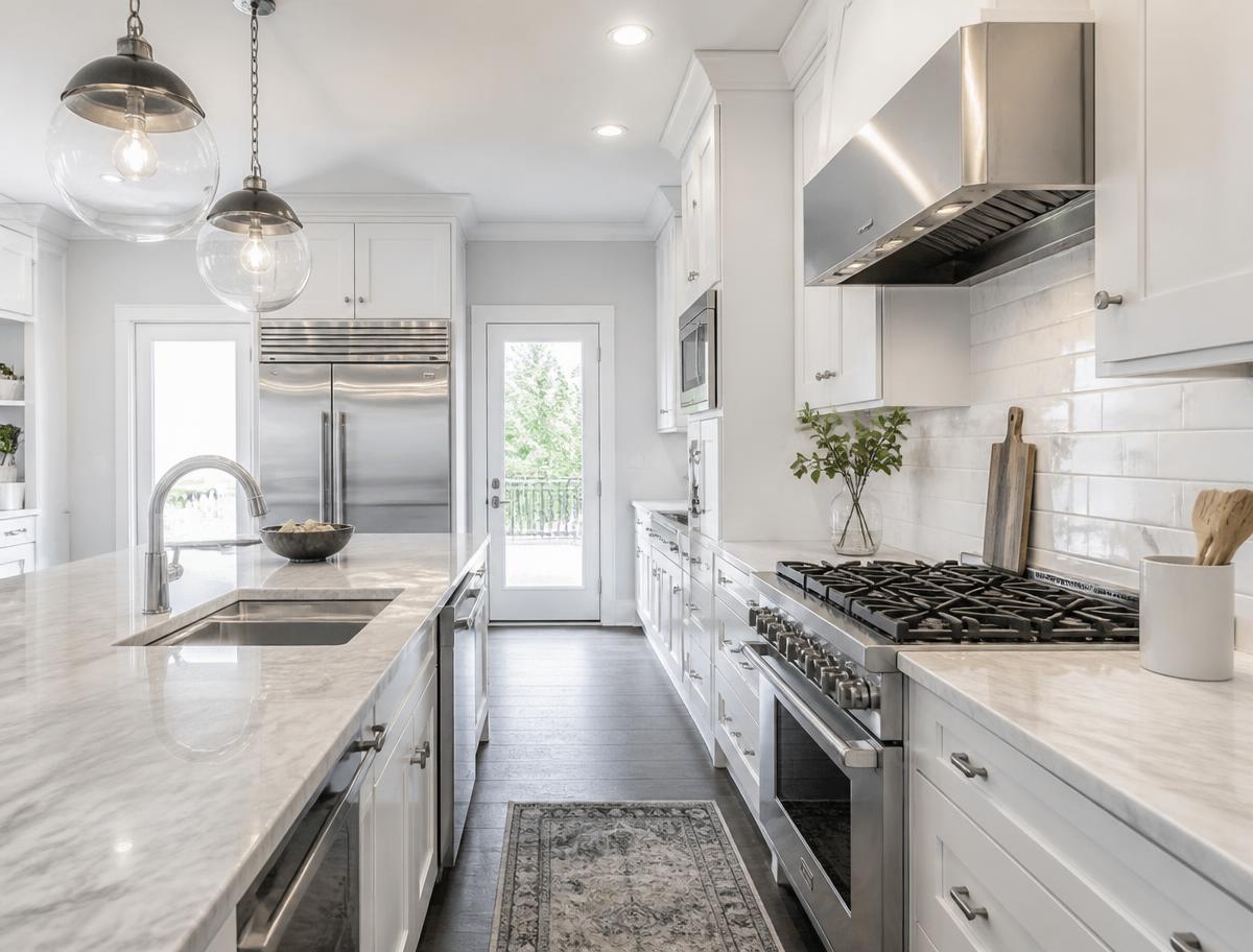 Spotless white designer kitchen with marble countertops