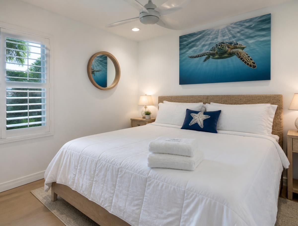Guest-ready vacation rental bedroom with crisp white linens